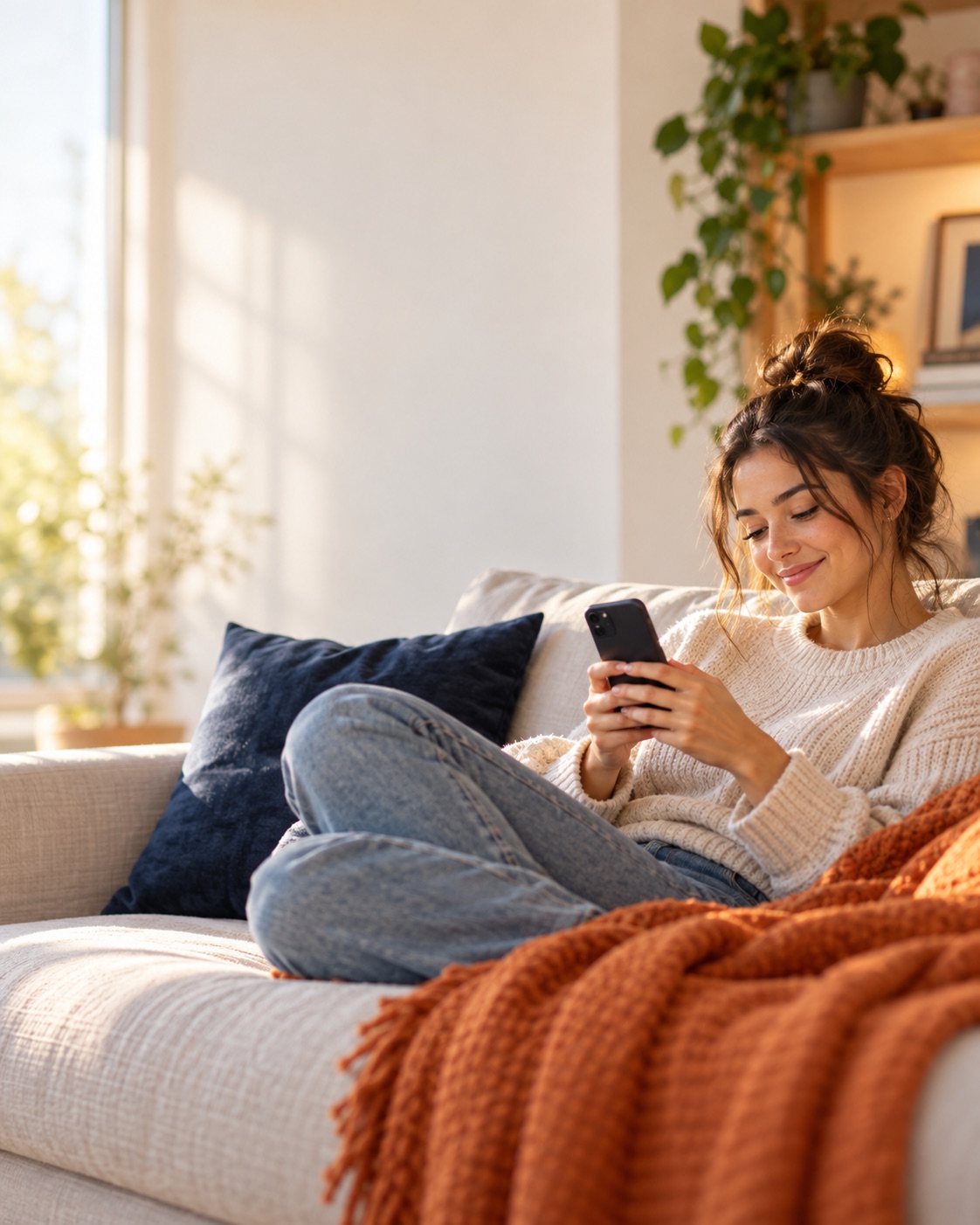 A woman relaxing on a sofa, using her phone